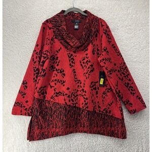 Ali Miles Tunic Top Womens Sz L Red Black Abstract Drape Neck Stretch NWT